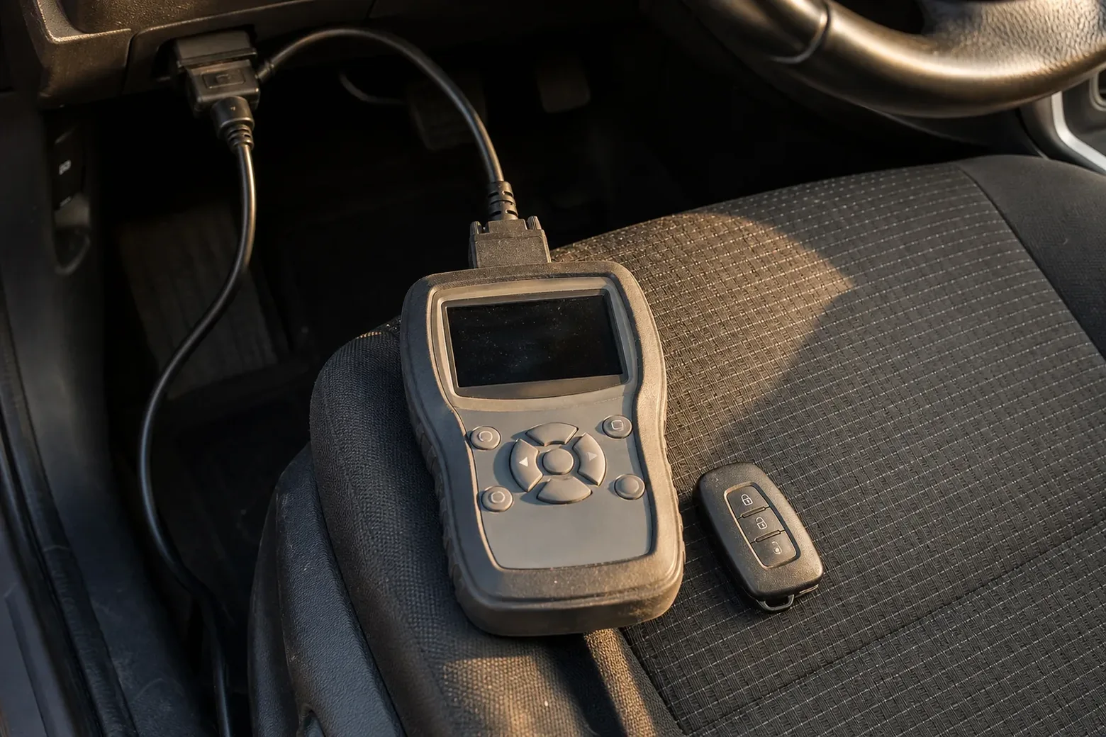 Car key programmer plugged into the OBD port, West Palm Beach, FL