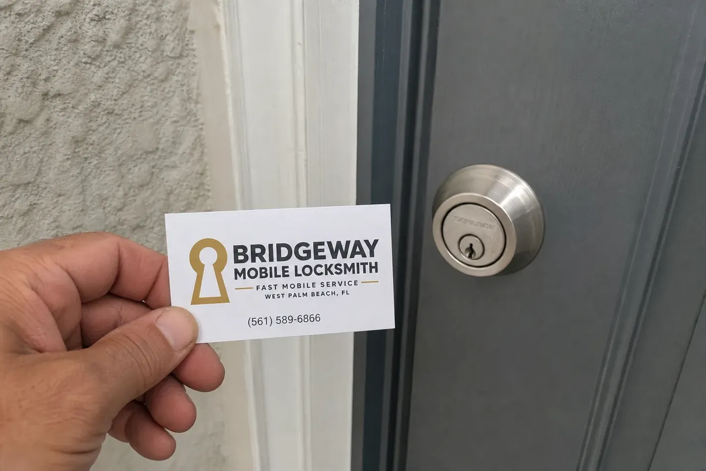 Bridgeway Mobile Locksmith card at a job in West Palm Beach